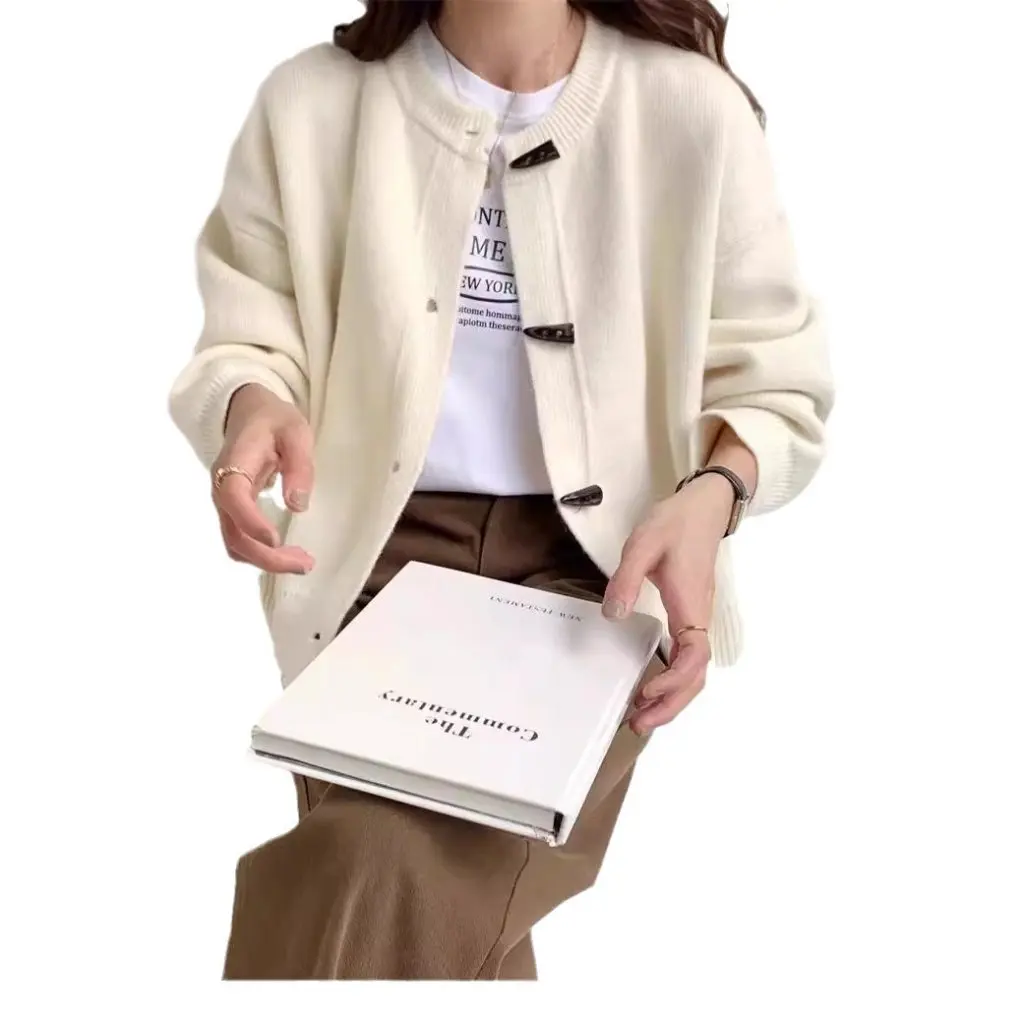 

Women's Korean Style Retro round Neck Knitted Top Long Sleeve Button Detail Casual Knitted Jacket