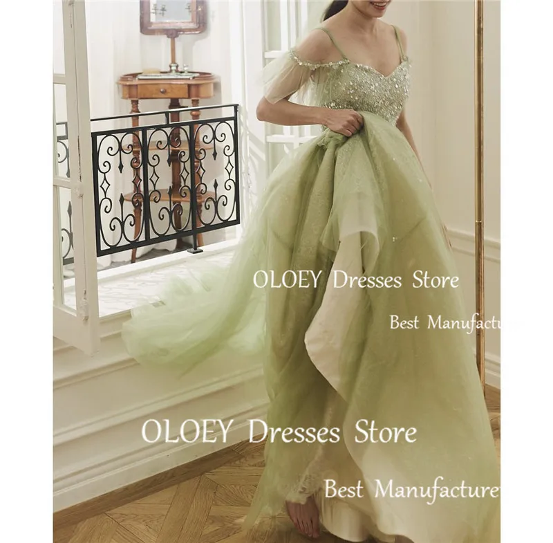 OLOEY Fairy Sage Green Tulle Shiny Prom Dresses Korea Lady Off the Shoulder A Line Evening Gowns Formal Wedding Party Photoshoot