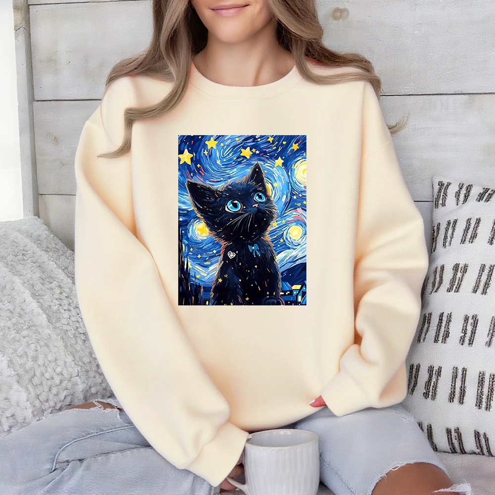 Van Gogh Starry Night Black Cat Prints Sweatshirt Women Winter Fleece Warm Hoodies Crewneck Loose Tops Basics Sporty Clothes