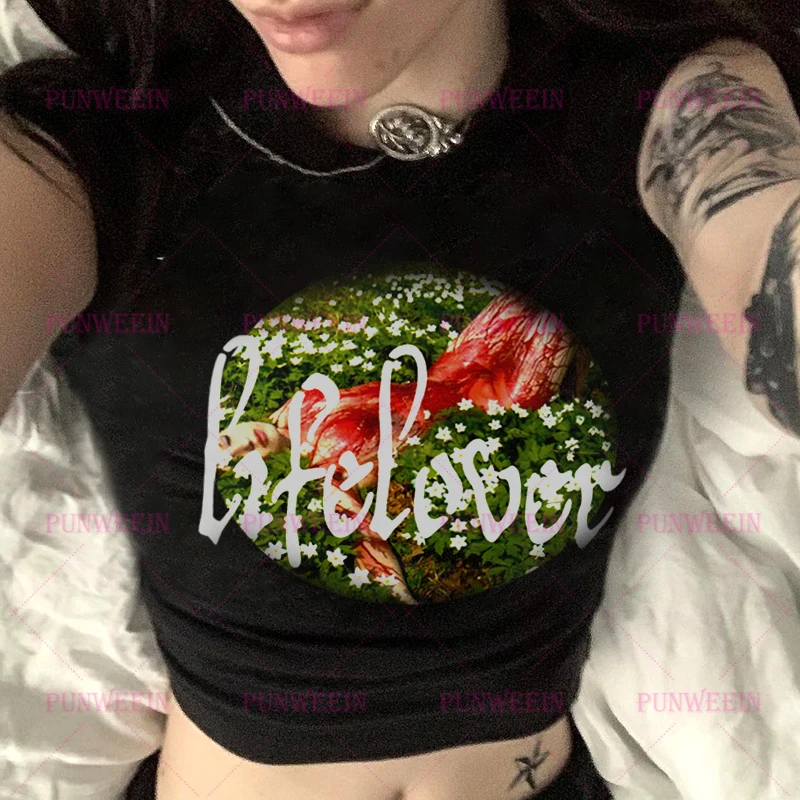 

Personality Y2k Gothic Star Girl Print Vintage Street band Grunge T-shirt Aesthetic 90s Top fun Cute Emo Girl Crop Slim Baby Tee