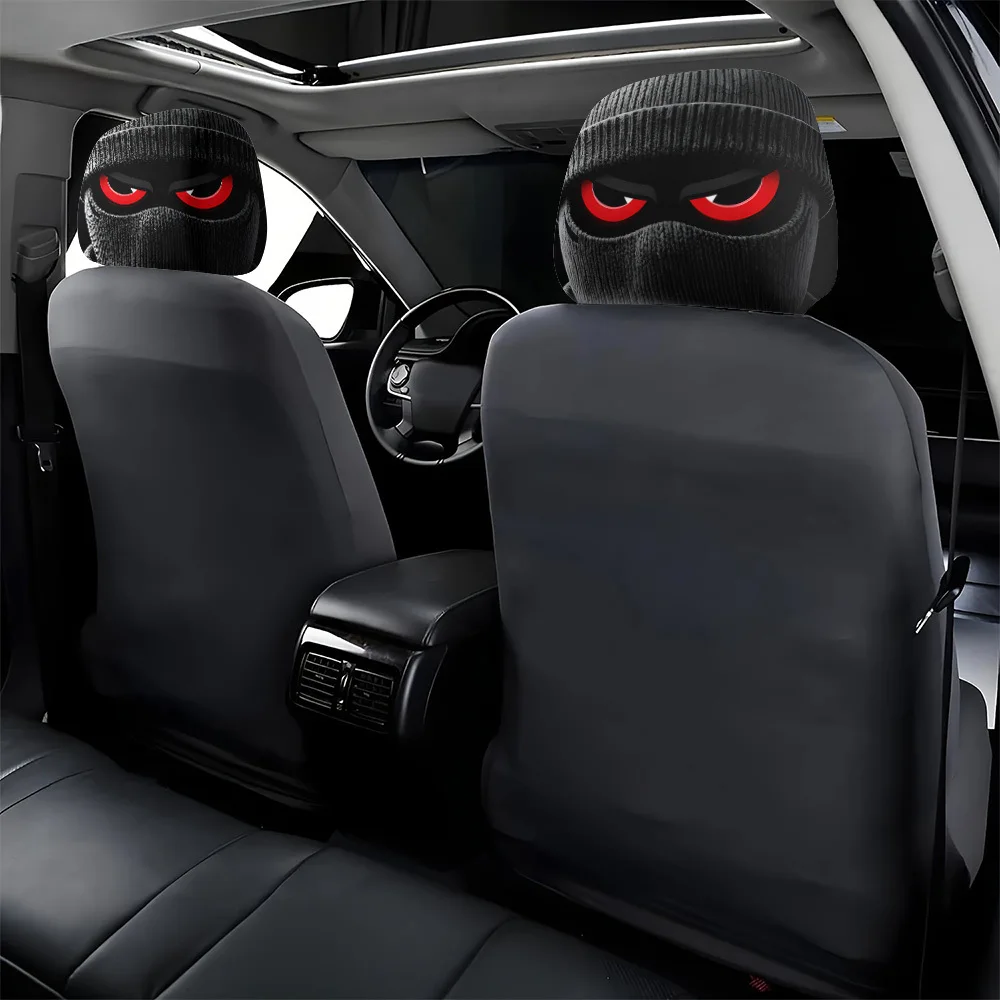 2pcs Red-Eyed Bandit Mask Car Headrest Covers, Knit, Unisex, Easy To Install and Wash