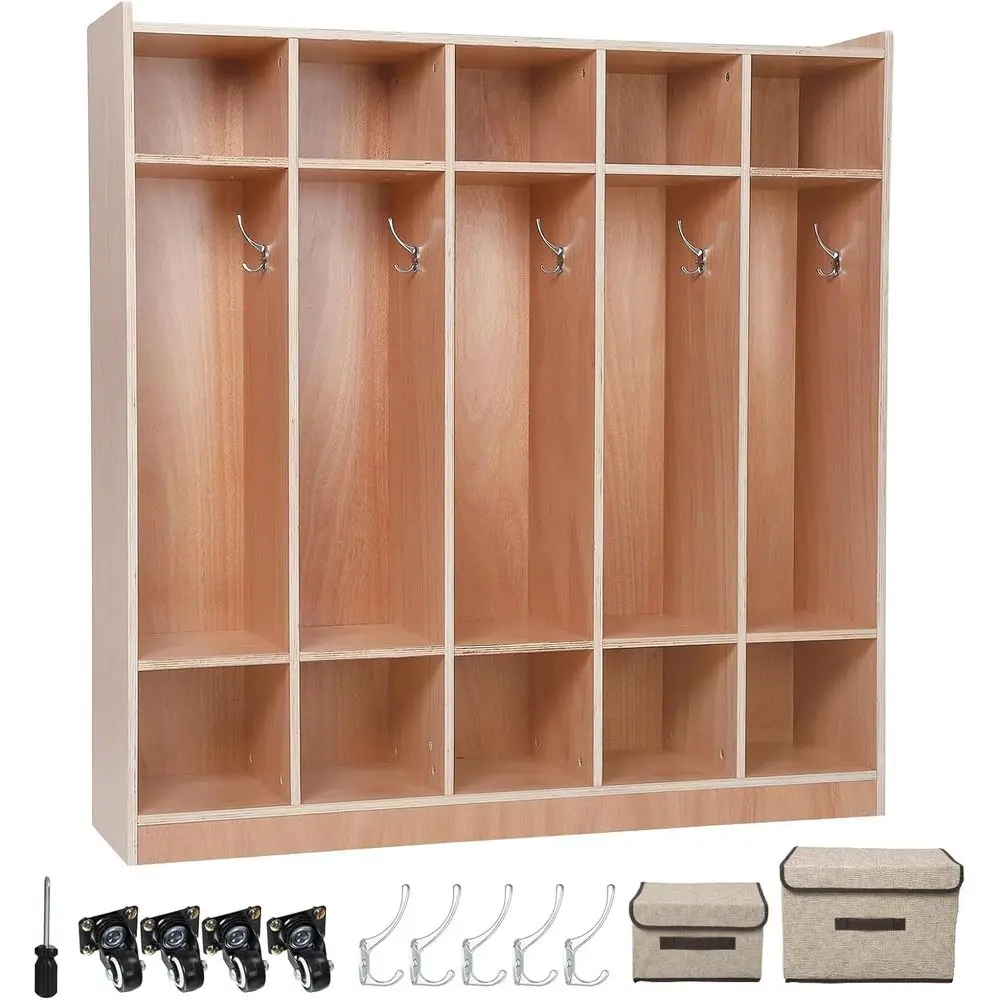 

5-Section Coat Locker with 10 Cubbies, Anti-tip Kit, 4 Casters, 5 Hooks, and 2 Storage Boxes for Classrooms, Daycare, and Kinder