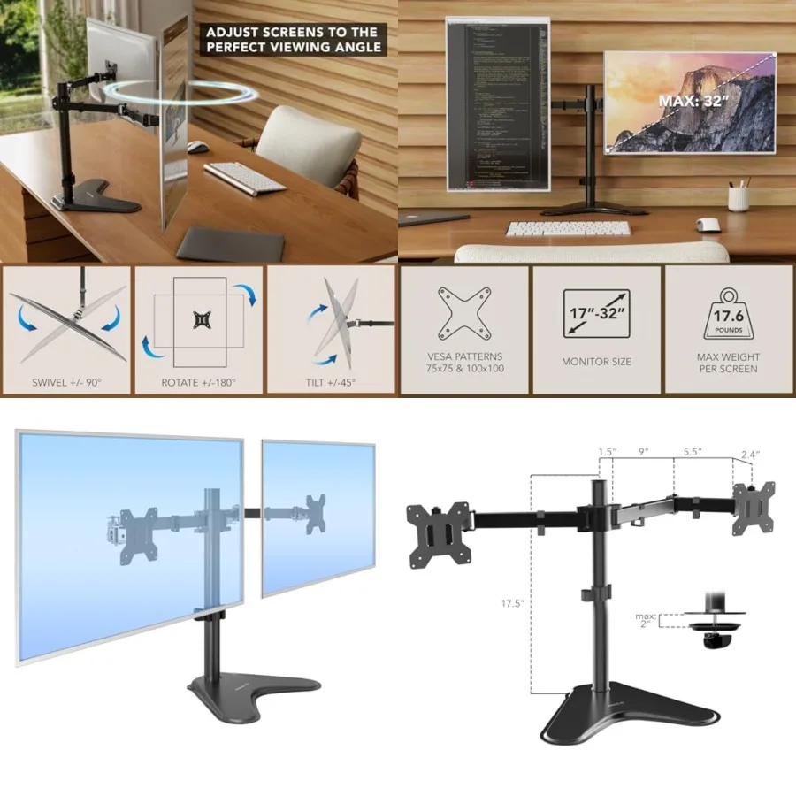 Dual Monitor Stand, Premium Adjustable Desk Mount for Two 1332 Inch Screens up to 17 lbs Each, Full Motion Swivel Tilt Rotate Height Adjustable Arms, VESA 75x75 100x100, Steel Base
