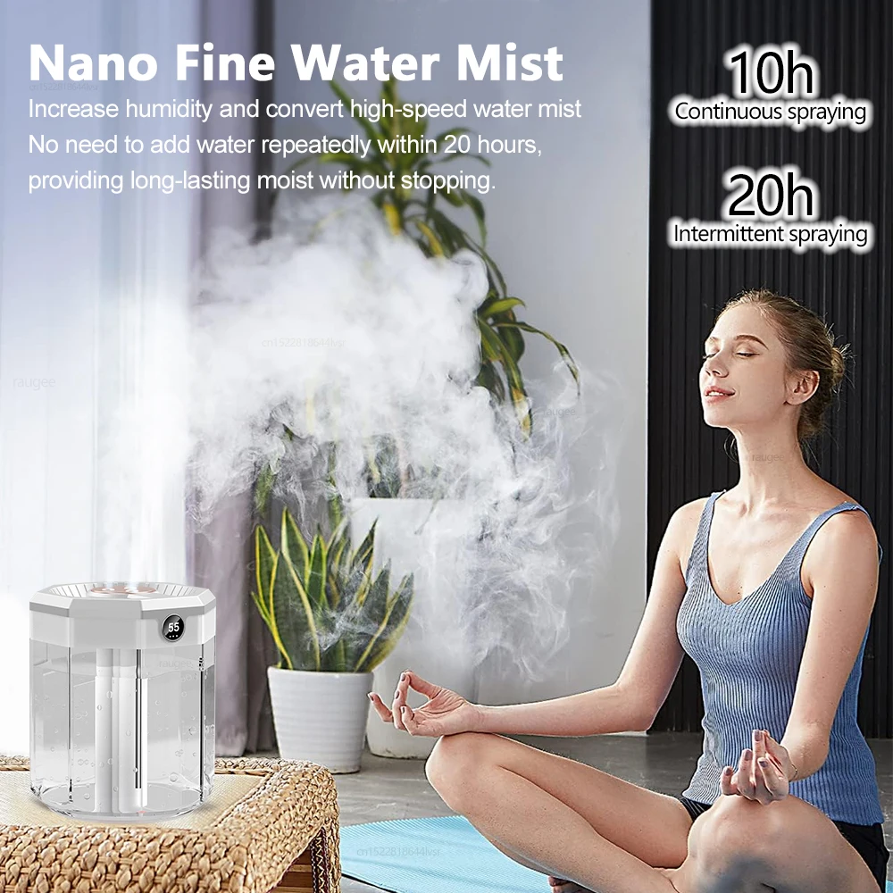 مرطب هواء بسعة كبيرة 2 لتر لغرفة النوم، موزع زيت أساسي USB، ثلاثة منافذ رذاذ للمنزل مع ضوء ليلي