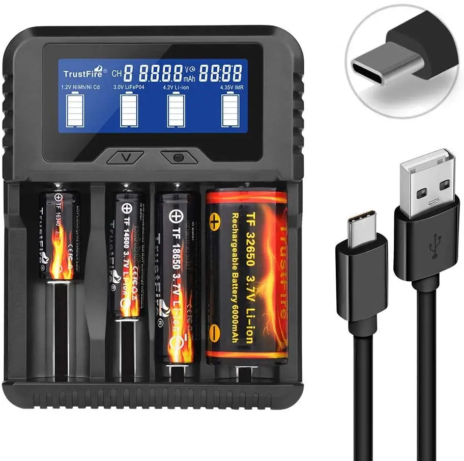 TrustFire TR020 4Slot Li-ion Batteries USB 3.7V Rechargeable Battery Charger For 10440 10500 12340 12500 12650 13450 13500 13650 14350 14430 14500 14650 16340 16650 17350  17500 17650 17670 18350 18490 18500 18650 22500 22650 25500 26650 32650 Cell AA AAA