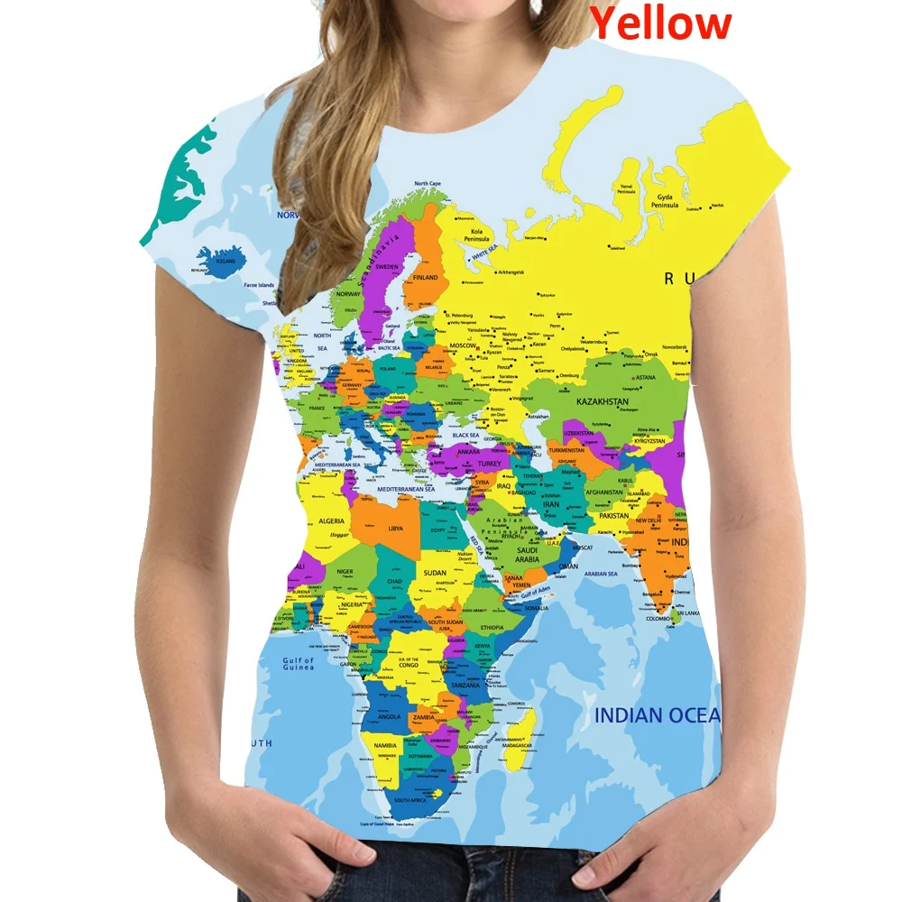 Women Fashion World Map 3d Printing T-shirt Funny Summer Tops Women\'s Short Sleeved Novelty T Shirt Round Neck Casual Blouse