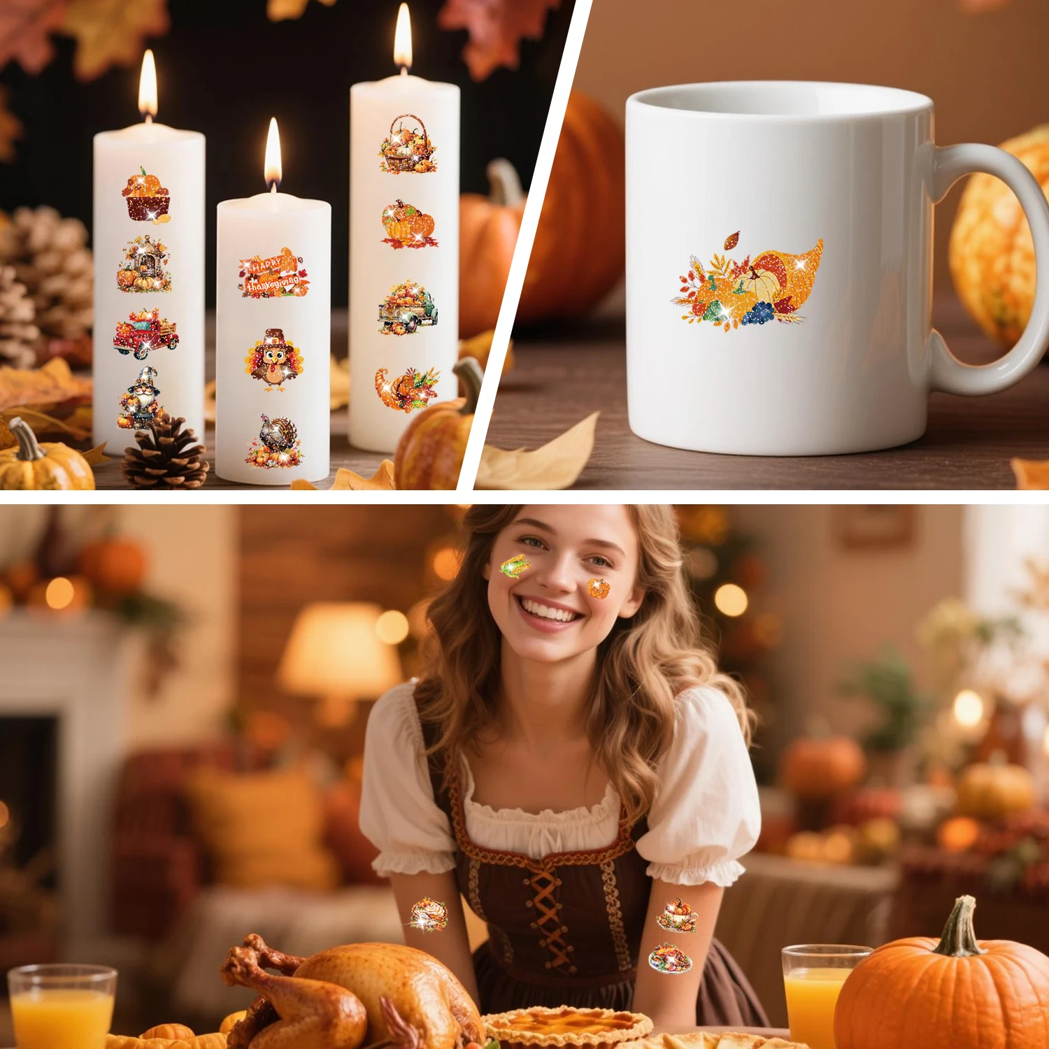 12 ورقة من الوشم المؤقت لعيد الشكر اللامع، وشم خريفي آمن مقاوم للماء، خريف سعيد، أفضل خيار لحقيبة جودي الخريف