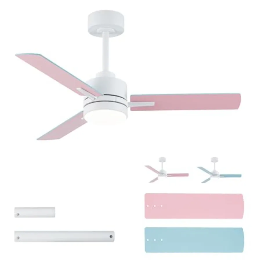 room ceiling fan with lights: pink-blue modern design, DC motor quiet operation, 6-speed reversible, 3000K-6000K LED, remote co