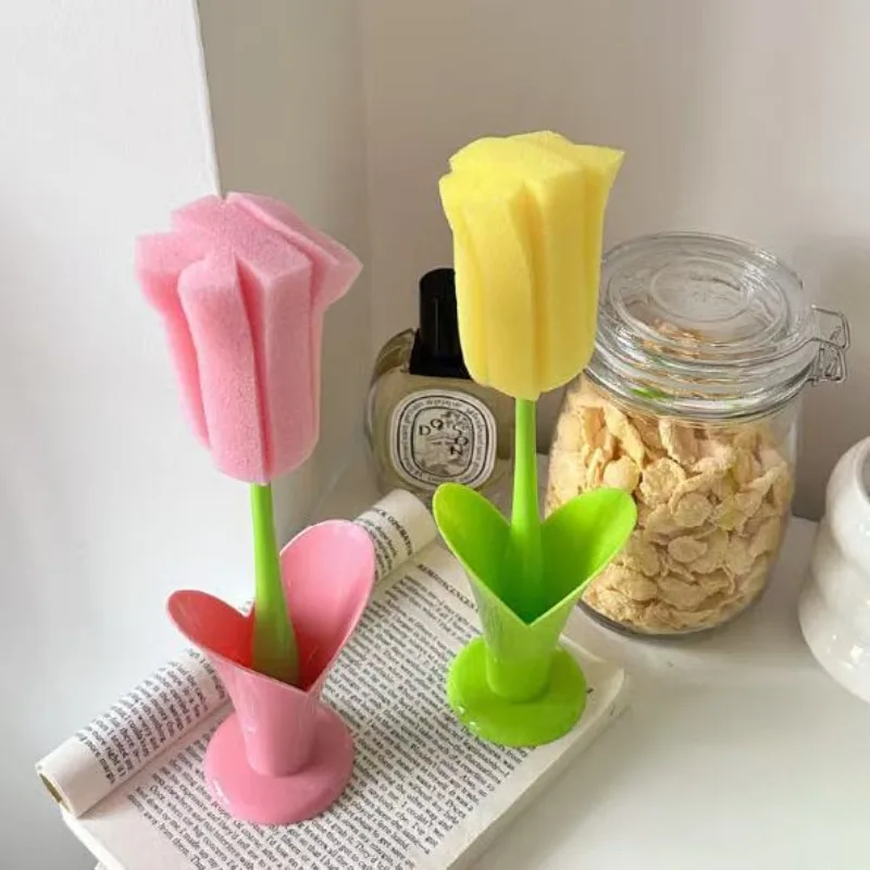 1Pc Tulip Shape Long Handle Mug Cleaning Brush with Base Removable Sponge Replacement Head Mug Brush Mug Washers