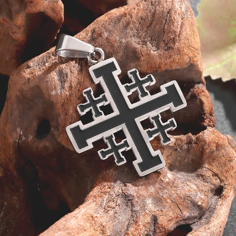 Stainless Steel Medieval Jerusalem Crusader Cross Necklace Templar Pendant Men\'s Vintage Christian Statement Jewelry