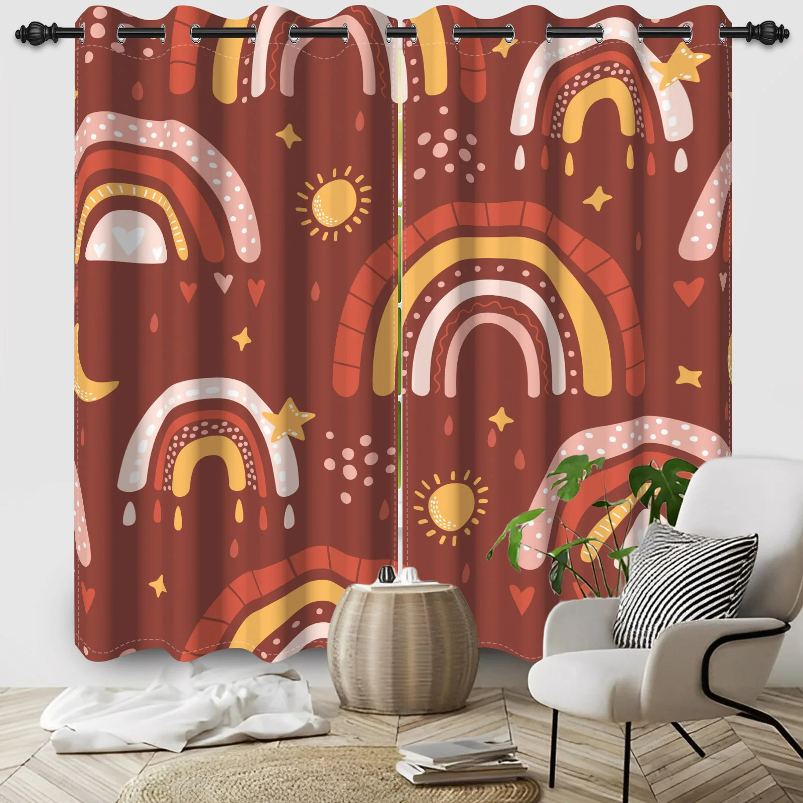 2pcs/set Bohemian Rainbow Arched Window Curtain Medieval Abstract Sun Moon Starry Sky Bedroom Blackout Polyester Fabric Curtains