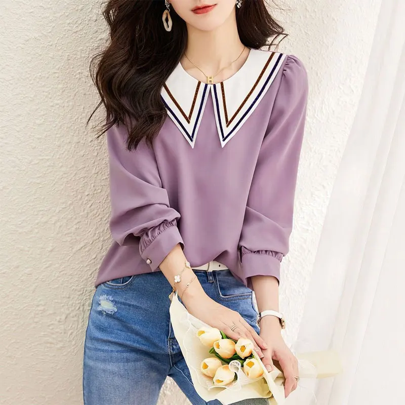 Casual Solid Color Fashion Round Neck Shirt Korean Straight All-match Spring Autumn New Chic Button Patchwork Long Sleeve Blouse