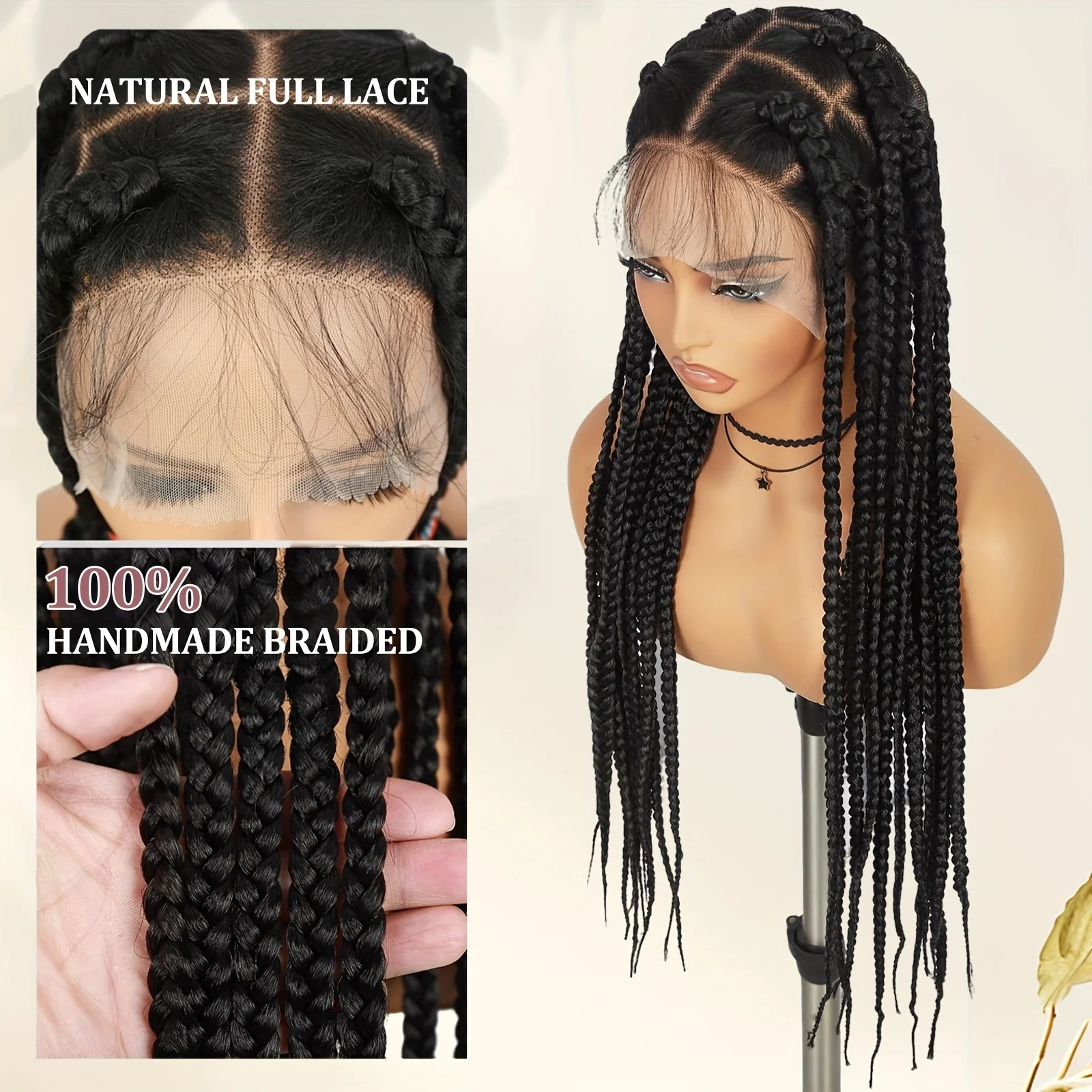 باروكة صناعية مضفرة بدانتيل كامل مقاس 36 بوصة للنساء - ضفائر صندوقية بدون عقدة مع شعر مستعار بدانتيل أمامي شعر مستعار صناعي #5