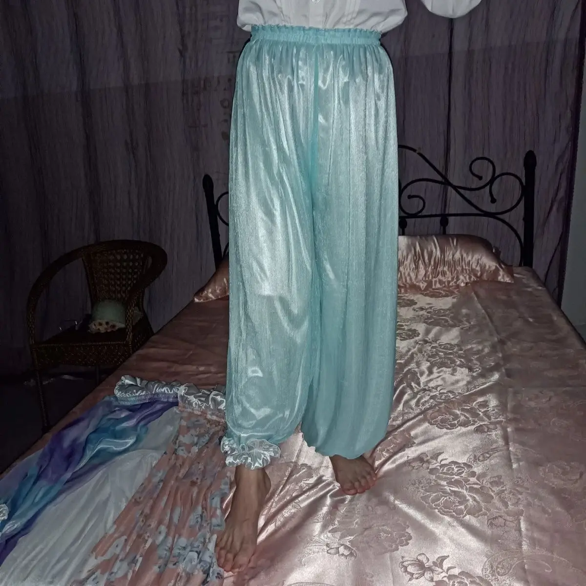 See through glossy mesh gauze pajamas pants Summer plus size sleeping bottoms lantern trousers