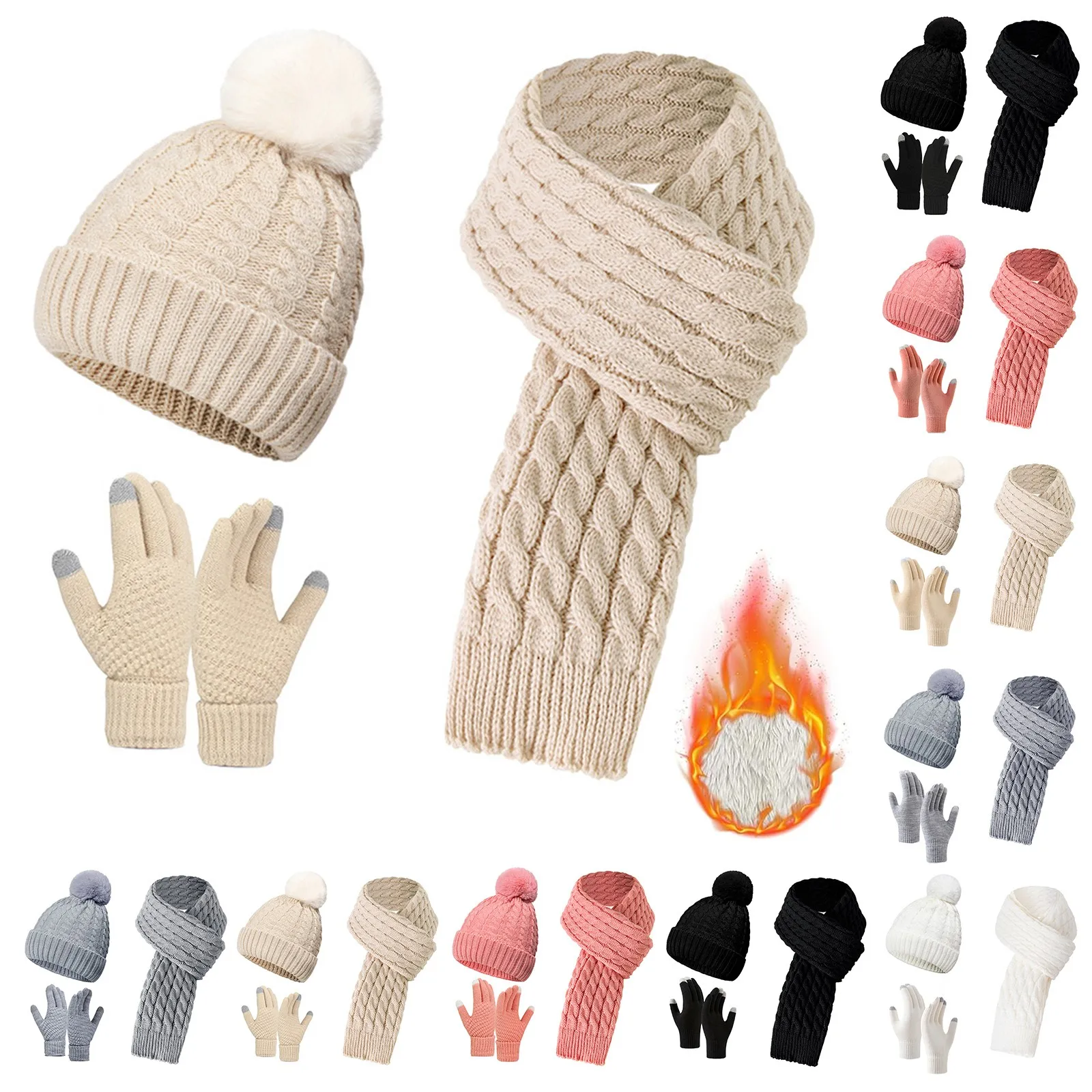 

Knitted Hat Gloves Scarf Three Piece Set For Unisex Thickened Knit Scarf Hat And Gloves Sets Winter Ski Snow Piled Warm Set