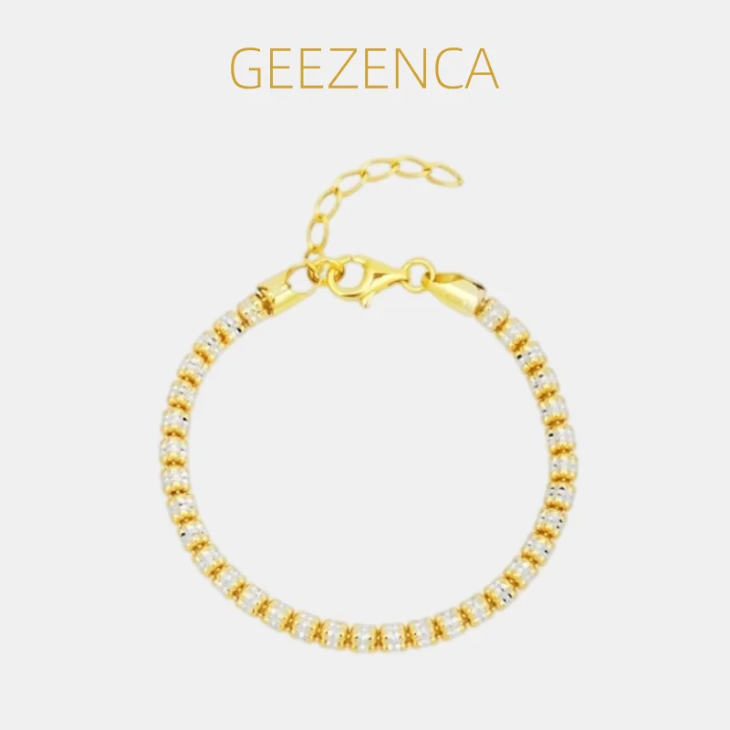 GEEZENCA Italian Luxury 925 Silver Two Tone Cylinder Beads Multi Chain Bracelet Women 3D Chic Shiny Bracelets Best Gift For Her