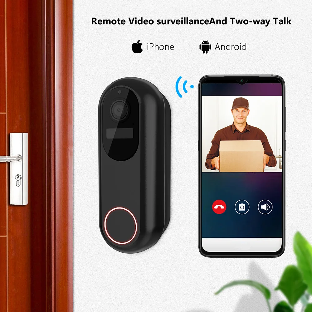 Black smart wireless video doorbell camera 1080p dual wifi with circular button and camera lens designed for remote video surveillance and two-way talk.