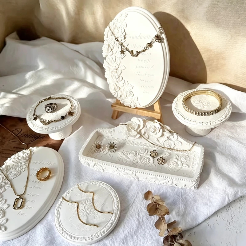 White Ancient Plaster Tray Jewelry Storage Display Ring Tray Earrings Shooting Props Creative Display Pieces