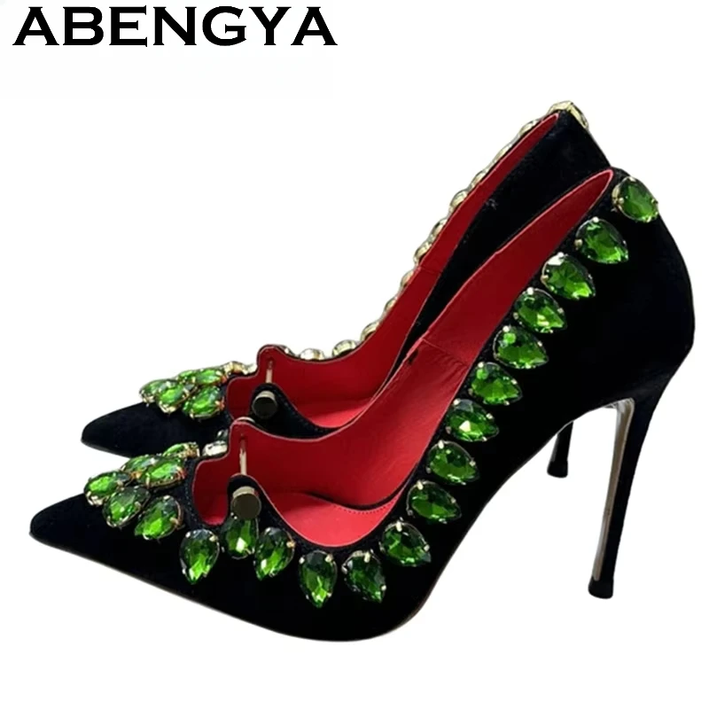 

2025 Summer Fashion Rhinestone Pointy Toe Thin High Heel Shoes Women Real Leather Crystal Stilettos Sexy Party Wedding Shoes