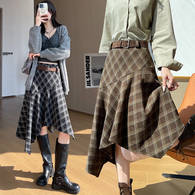 

Diamond shaped irregular woolen skirt for women in autumn and winter, versatile skirt design with slanted edges, A-line skirt