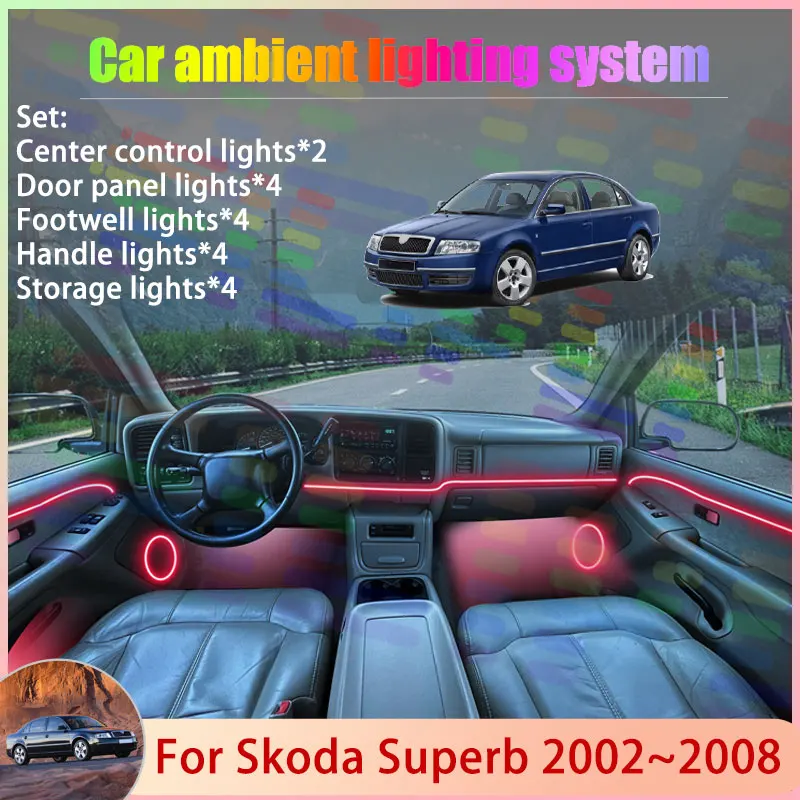 For Skoda Superb 3U MK1 2002~2008 2003 2004 2005 2/18 in 1 Car Atmosphere Light Lamp RGB Shade Ensemble Streamer Atmosphere Set