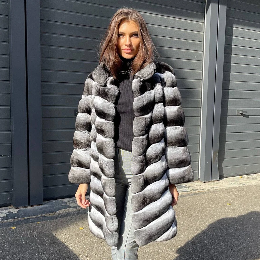 Genuine Rex Rabbit Fur Coat Women Chinchilla Rabbit Fur Coats Jacket 2024 Winter Warm Short Coat For Women