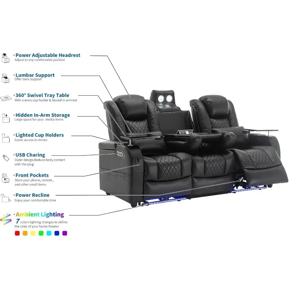 Home Reclining Sofas Seats, 7 Colors Ambient Lighting, Lumbar Pillow, Touch Reading Lights, Tray Table, Theater Recliner Sofas