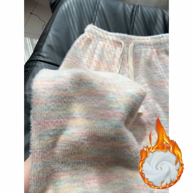 Rainbow Dot Soft And Thiened Women's Casual Pants High Waist Elastic Knitted Wide Leg Pants Korean Sle Autumn Winter New ...