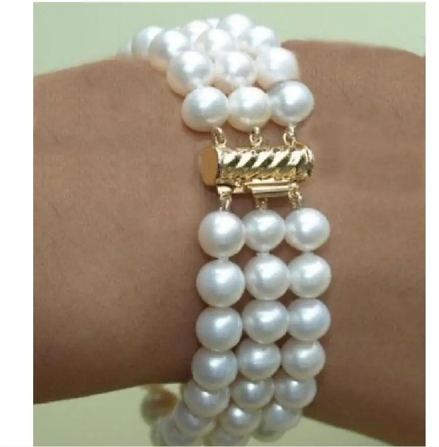 

BEAUTIFUL 3 ROW 8-9MM 7.5-8inch SOUTH SEA WHITE NATURAL PEARL BRACELET 14kgp YELLOW