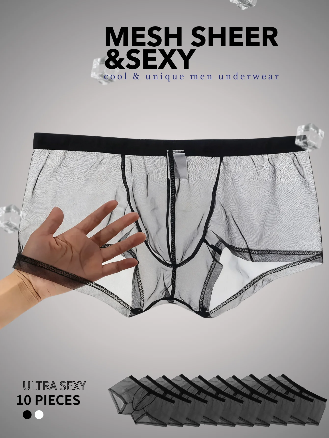 

10Pcs Men's see through mesh underwear, transparent, sexy, breathable, comfortable, short shorts, black and white colors