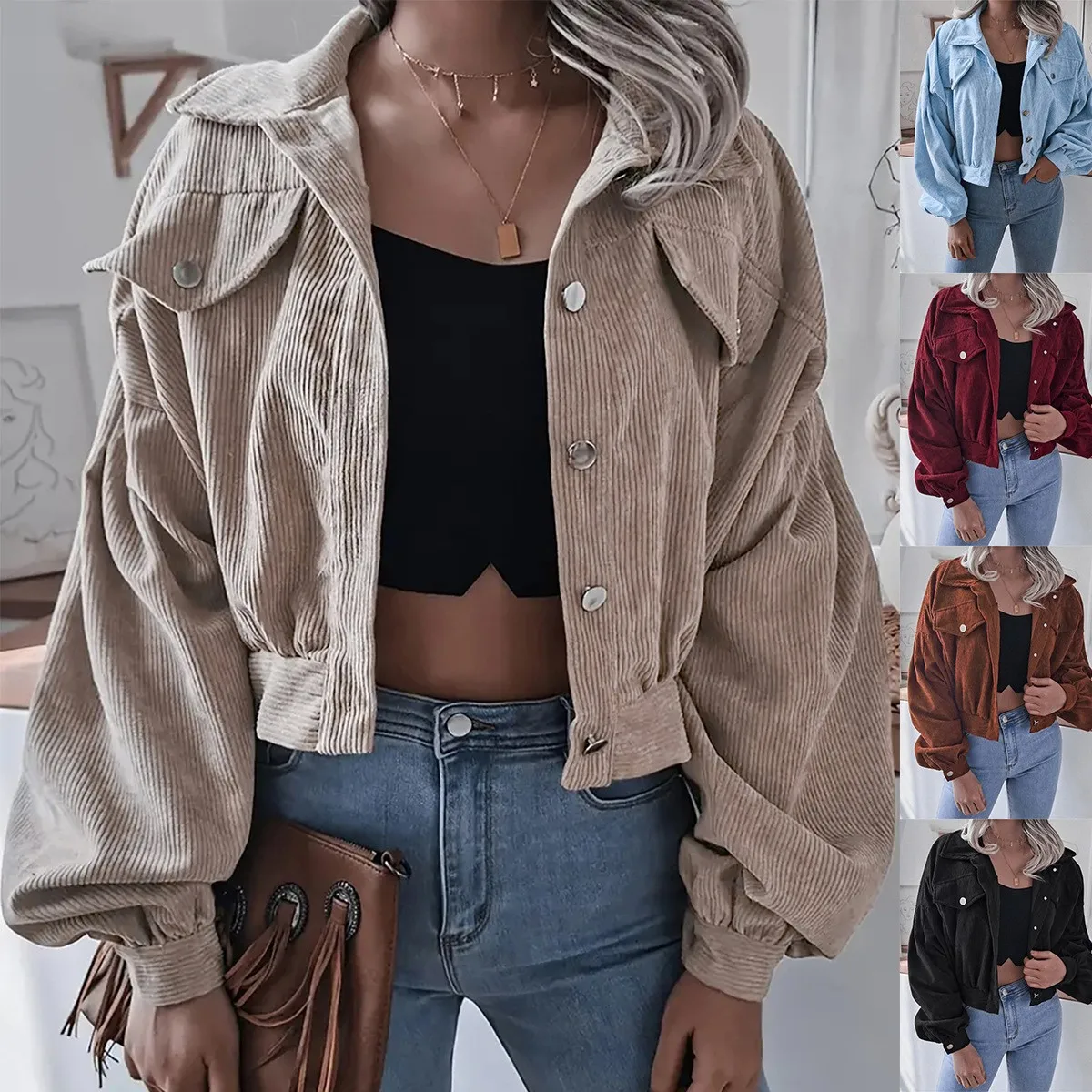 Autumn Winter Women's Clothing Corduroy Long Sleeve Puff Jacket For Woman Loose Fit Streetwear Casual Outerwear Vintage Style