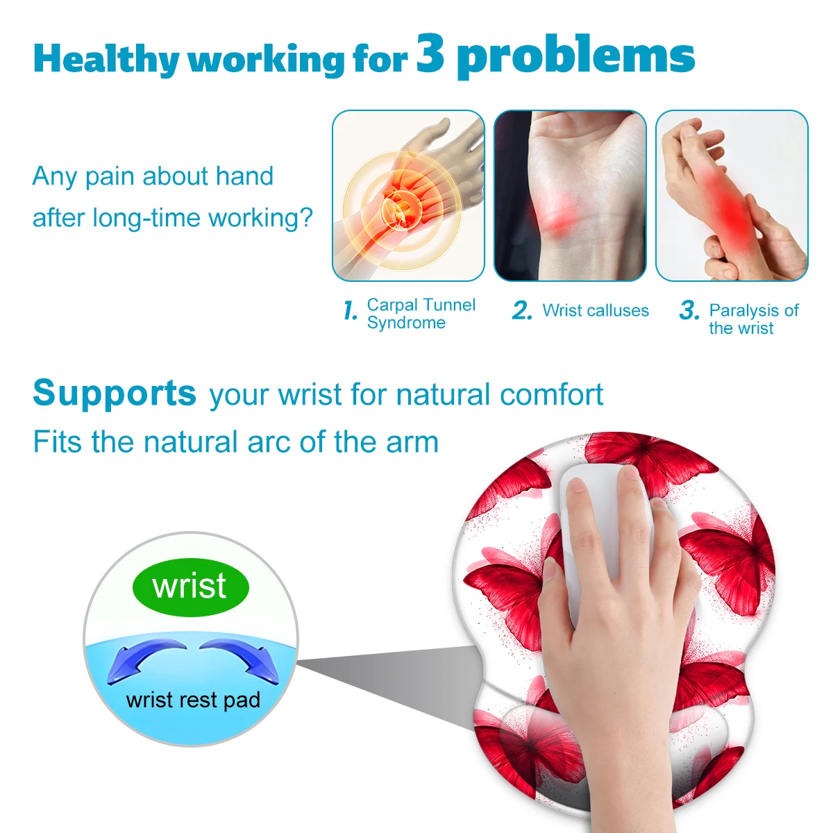 1pc Pink Butterfly White Mouse Pad Wrist Ergonomic Soft Anti-Slip Wrist Rest Support Mat Computer Mouse Pad For Office  PC Gift