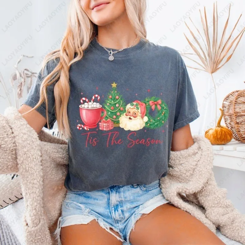 Tis The Season Christmas Men Women Cotton Tshirt Pink Retro Santa Tree Wreath Holiday Clothing All Match Classics Aesthetic Tops