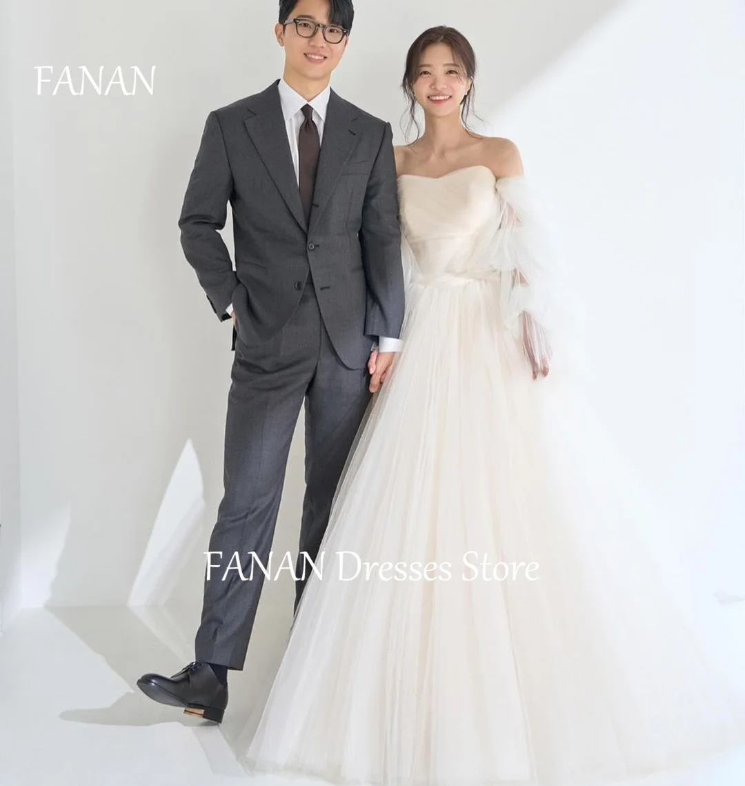 

FANAN Korea Elegant Ivory Strapless A-Line Wedding Dresses 웨딩드레스 Sexy Puff Sleeves Tulle Custom Made Bride Gowns Plus Size