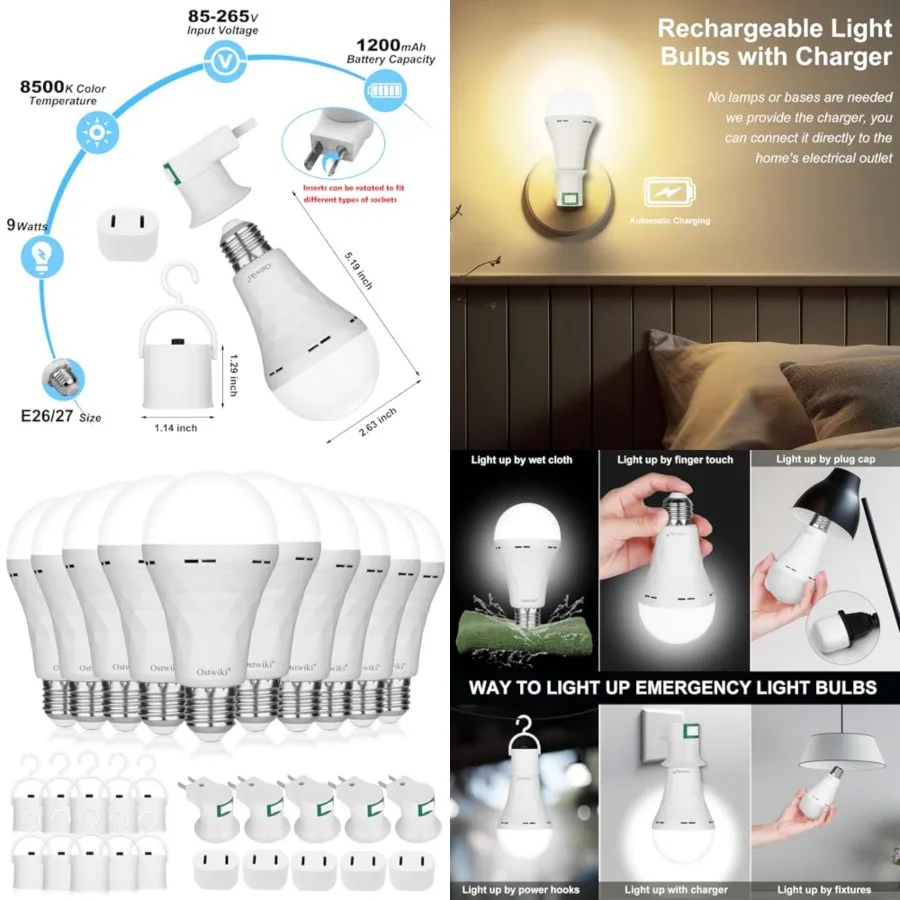 

Rechargeable Emergency Light Bulbs, Battery Operated Backup Light Bulb for Power Outage Camping Outdoor Hurricane 9W E27 8500K