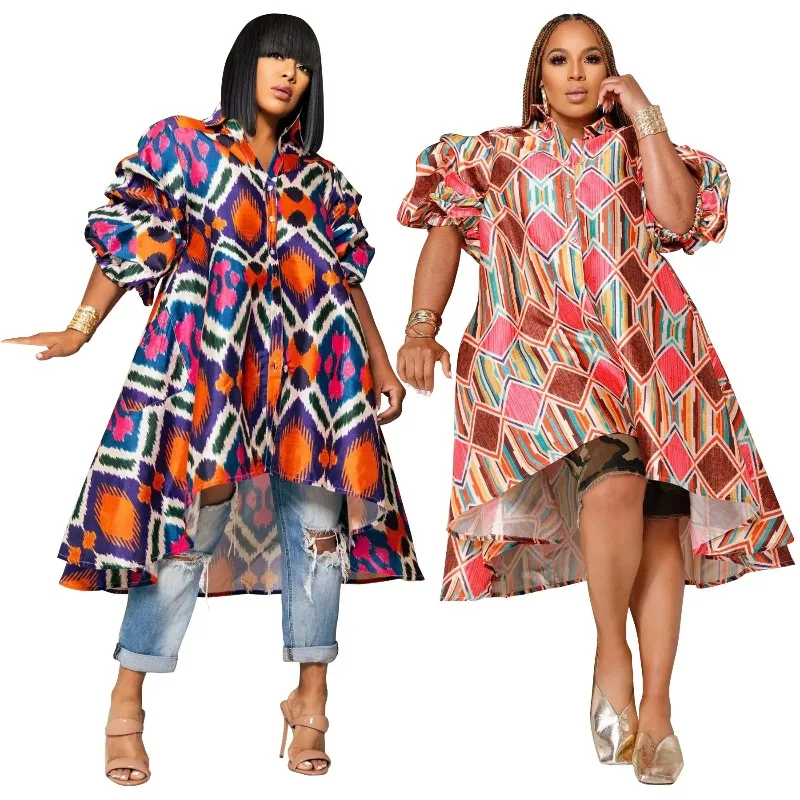 

African Dresses for Women Africa Clothing Short Sleeve Turn Down Collar Shirt Dress Office Lady Party Dashiki Africa Clothing