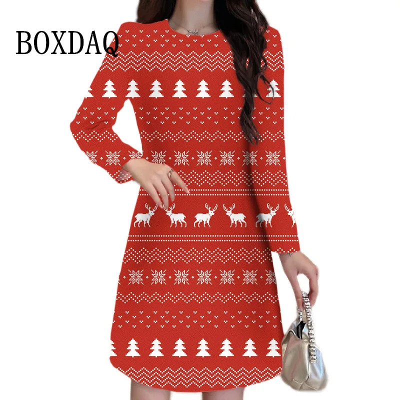 Christmas Print Dress Women Clothing Oversized Long Sleeve Party Dress Autumn Winter Casual Christmas Elk Tree Snowflakes Dress