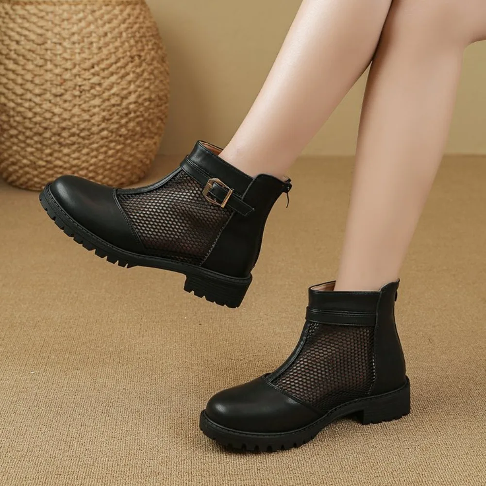 High-top Square Heel Back Zipper Fastening Mesh Fabric Fashionable Multi-purpose Comfortable Anti-slip Breathable Women's Boots