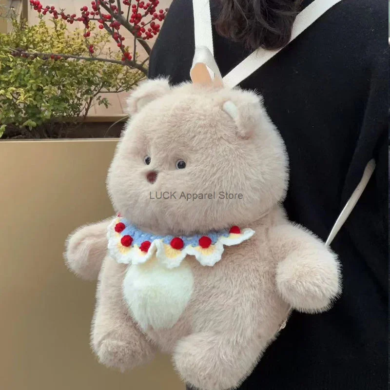2024 New Milk Tea Bear Backpack Women's Personality Doll Bag Plush Doll Bag Cute Girl Heart Rabbit Backpack