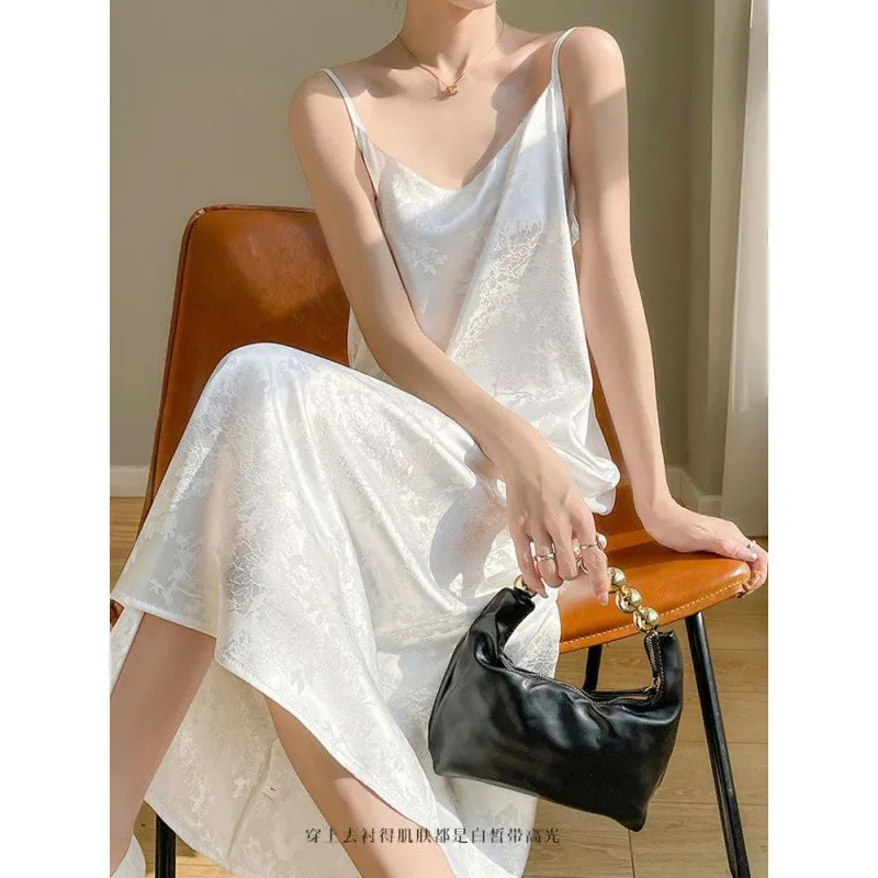 Satin jacquard sling 2024 Summer new thin over the knee mid-length dress temperatre