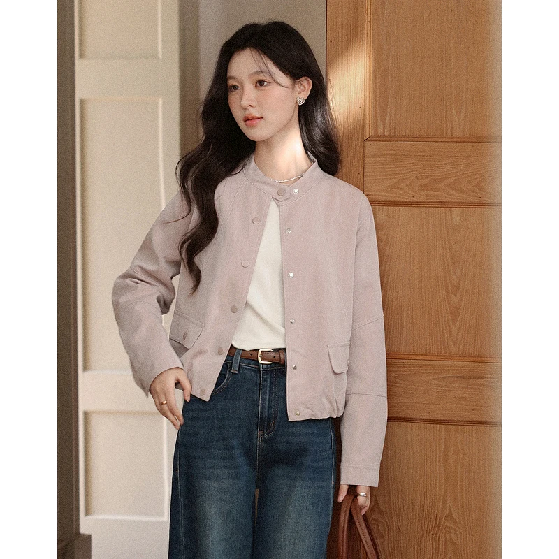 

ALXNAN Short Pink Jacket for Women Elegant Office Lady Straight Coat Trend 2025 Autumn Casual Long Sleeve Outwears Female L57616