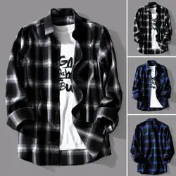 Check Shirts Men Plaid Shirt Coat Lapel Single-breasted Autumn Shirt Jacket Oversized Shirts Chic Male Casual Long Sleeves Shirt