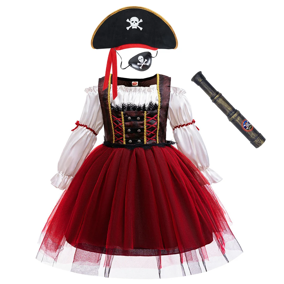 Pirate Captain Princess Dress with Eye Patch And Hat Girls Gothic Lace Princess Dress Kids Cosplay Outfit for Halloween Carnival