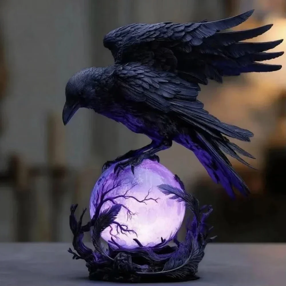 Gotische LED-Tischlampe Raben-Mondlicht Schwarze Krähen-Statue Halloween-Heimdekoration Gruselige Ornamente Leuchtende Kreative Deko
