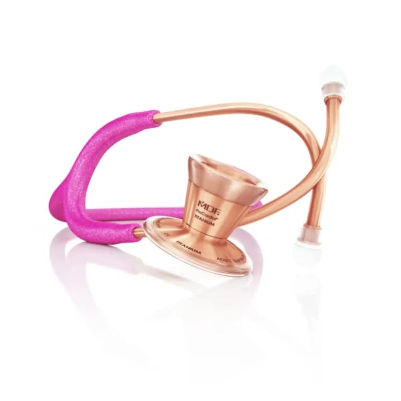 Stethoscope, Lightweight Titanium, Adult, Dual Head, Pink Glitter Tube, Rose Gold Chestpiece-Headset, MDF797TPGLRG