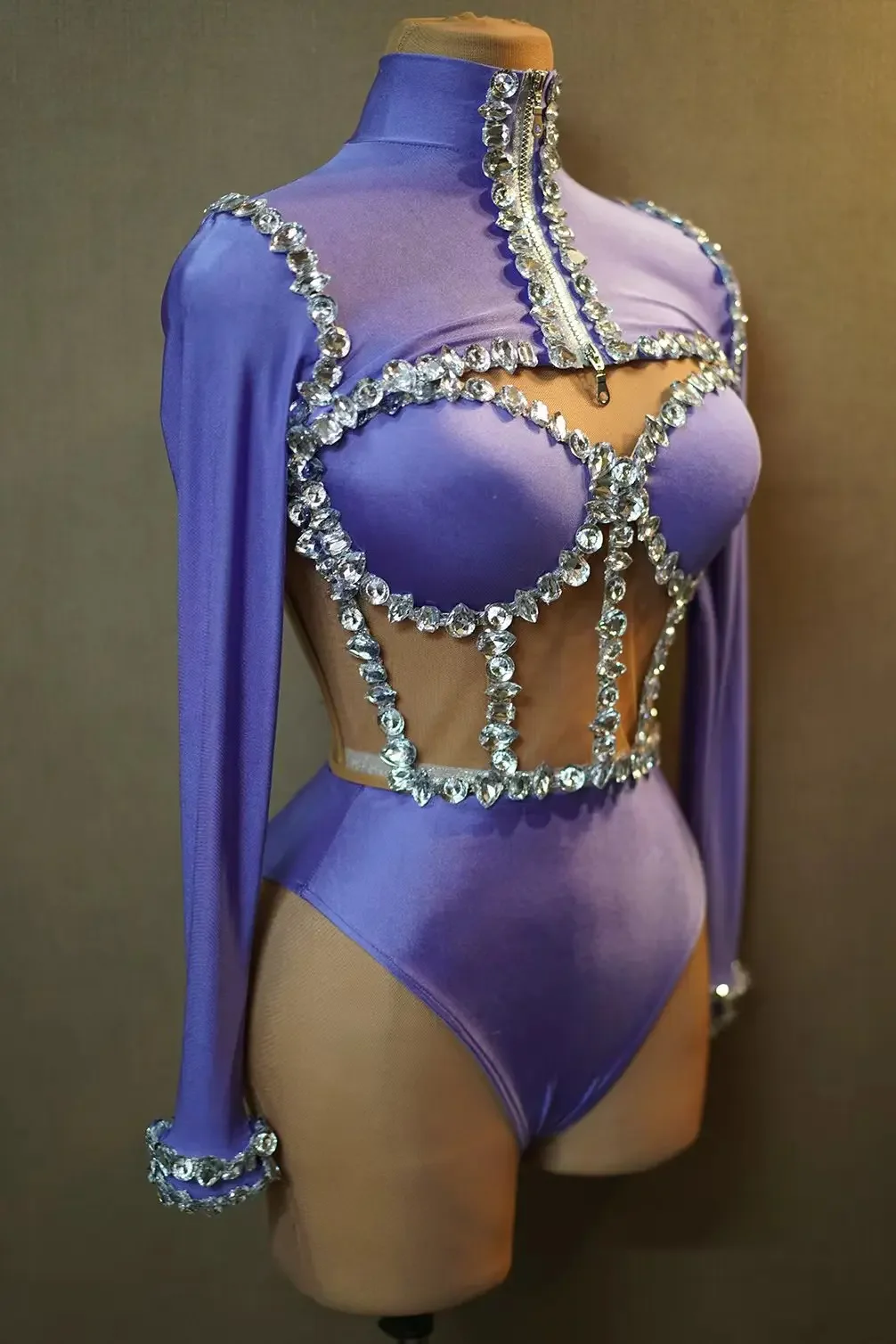 Jianmei-Body de manga larga con diamantes de imitación brillantes para mujer, conjunto de trajes de baile, traje de Drag Queen, leotardo de Pole Dance