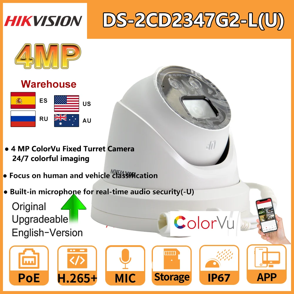 Hikvision-Câmera IP Bullet PoE com Microfone Embutido, Classificação de Veículo Humano, DS-2CD2347G2-LU, Imagem Colorida, 4MP, 24, 7