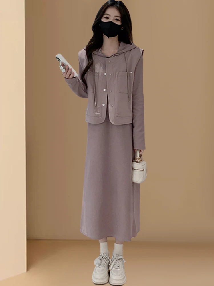 

Pink Vest Dress Set Women's Casual Sweatshirt Dress Two-Piece Set Spring Autumn New Korean Style Anti-Aging Yood Lovees