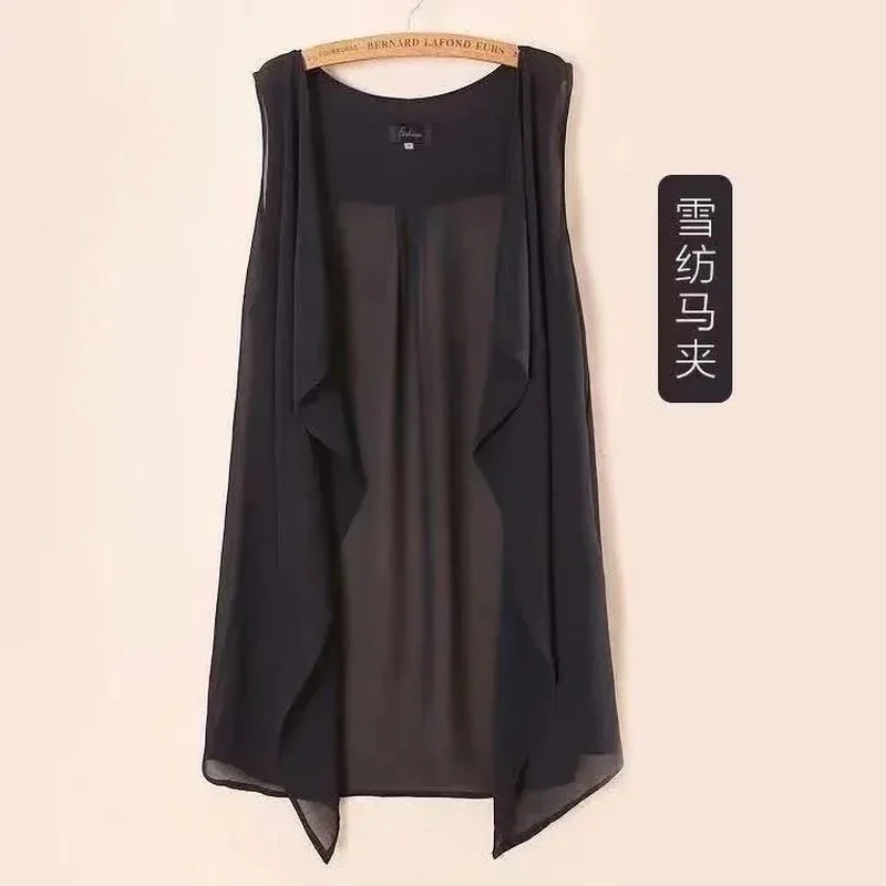 Women's Coat Plus Size Chiffon Vest Summer Korean Version Sleeveless Cardigan Loose Vest Thin Black Cover-ups Jacket