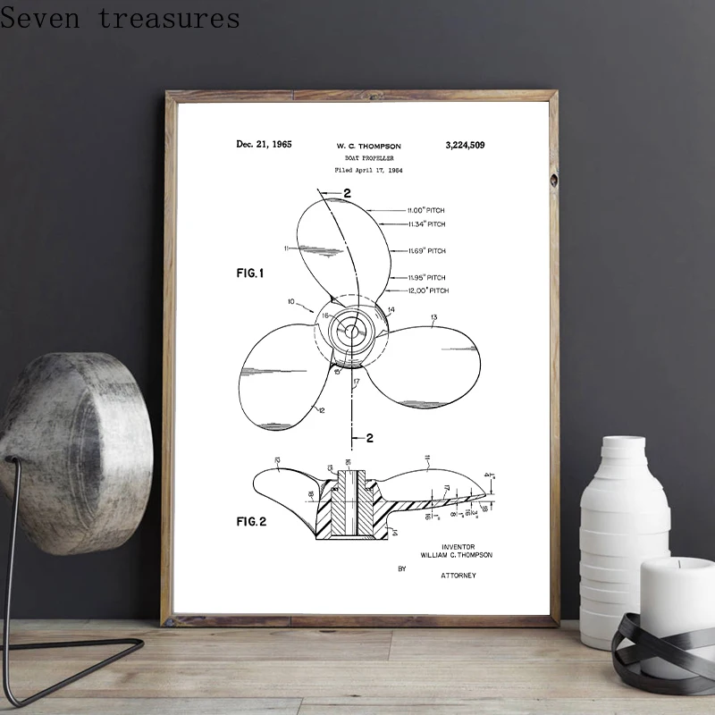 Boat Propeller Patent Print Boating Artwork, Nautical Wall Art Posters, Painting Picture Gift, Room Decor, Vintage Blueprint Can